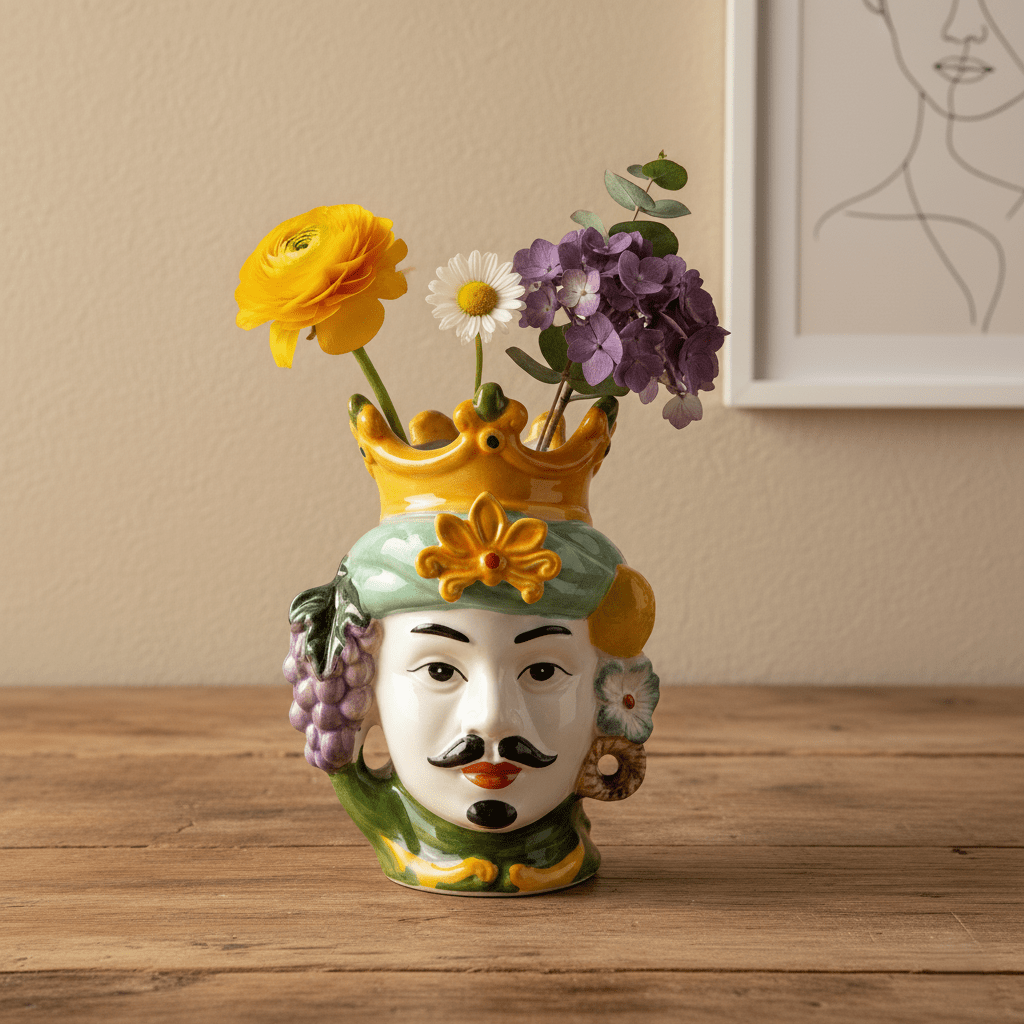 Herrenkopfvase, Dekovase aus Keramik handbemalt Herrenbüste mehrfarbig H 17.5cm x Ø 13cm | Lui Vasen von EDG