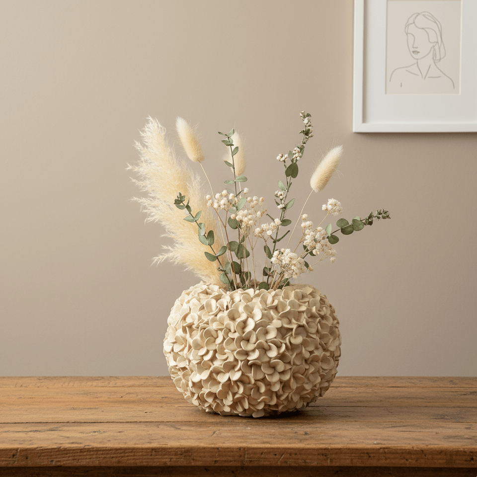 Hortensienvase in Creme mit Trockenblumen auf Holztisch