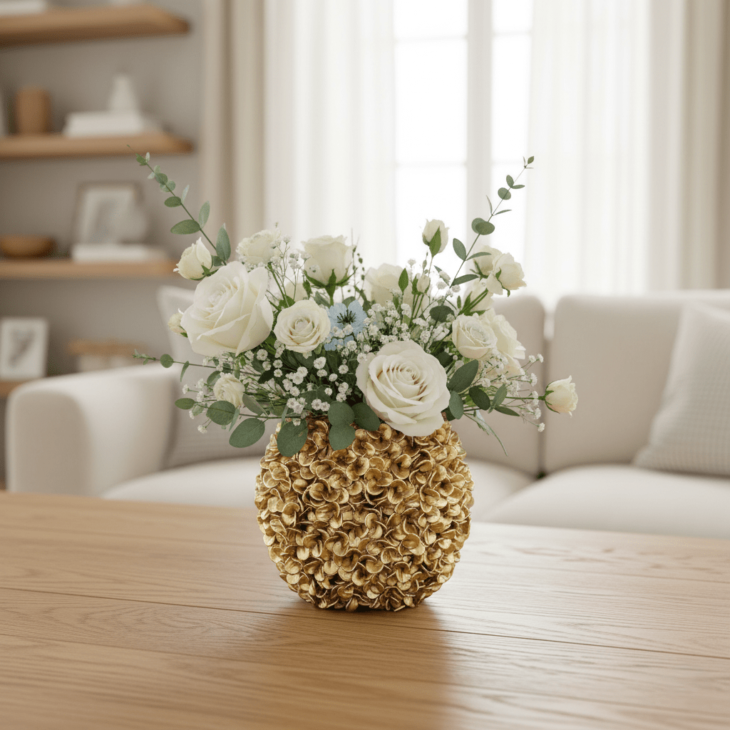 Hortensienvase, Dekovase mit Hortensien Muster gold H 28cm x 31.5cm x 17cm | Belle Classic Vasen von Light & Living