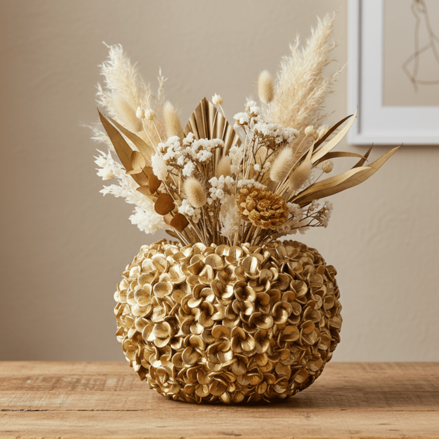 Hortensienvase, Dekovase mit Hortensien Muster gold Ø 38cm x H 23cm | Belle Vasen von Light & Living