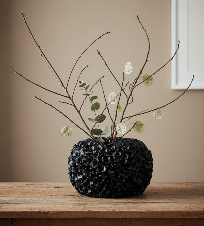 Hortensienvase, Dekovase mit Hortensien Muster Schwarz Ø 38cm x H 23cm | Belle Vasen von Light & Living
