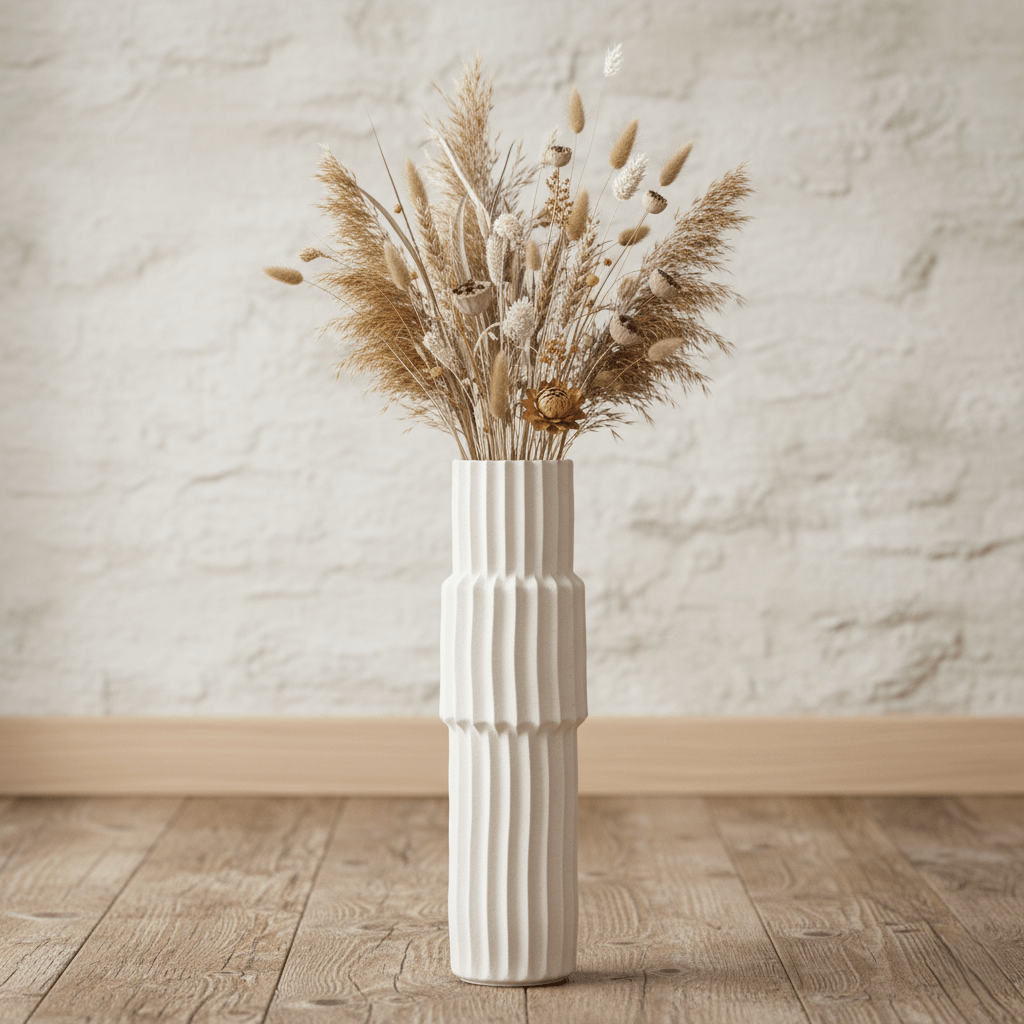 Keramikvase, hohe Dekovase aus Keramik crème weiss Rillen Ø 15cm x H 60cm | Karine Vasen von Light & Living