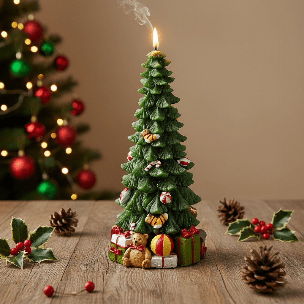 Kerze in Form eines Weihnachtsbaums mit Geschenken, H 22cm, Weihnachten Kerzenlicht von EDG
