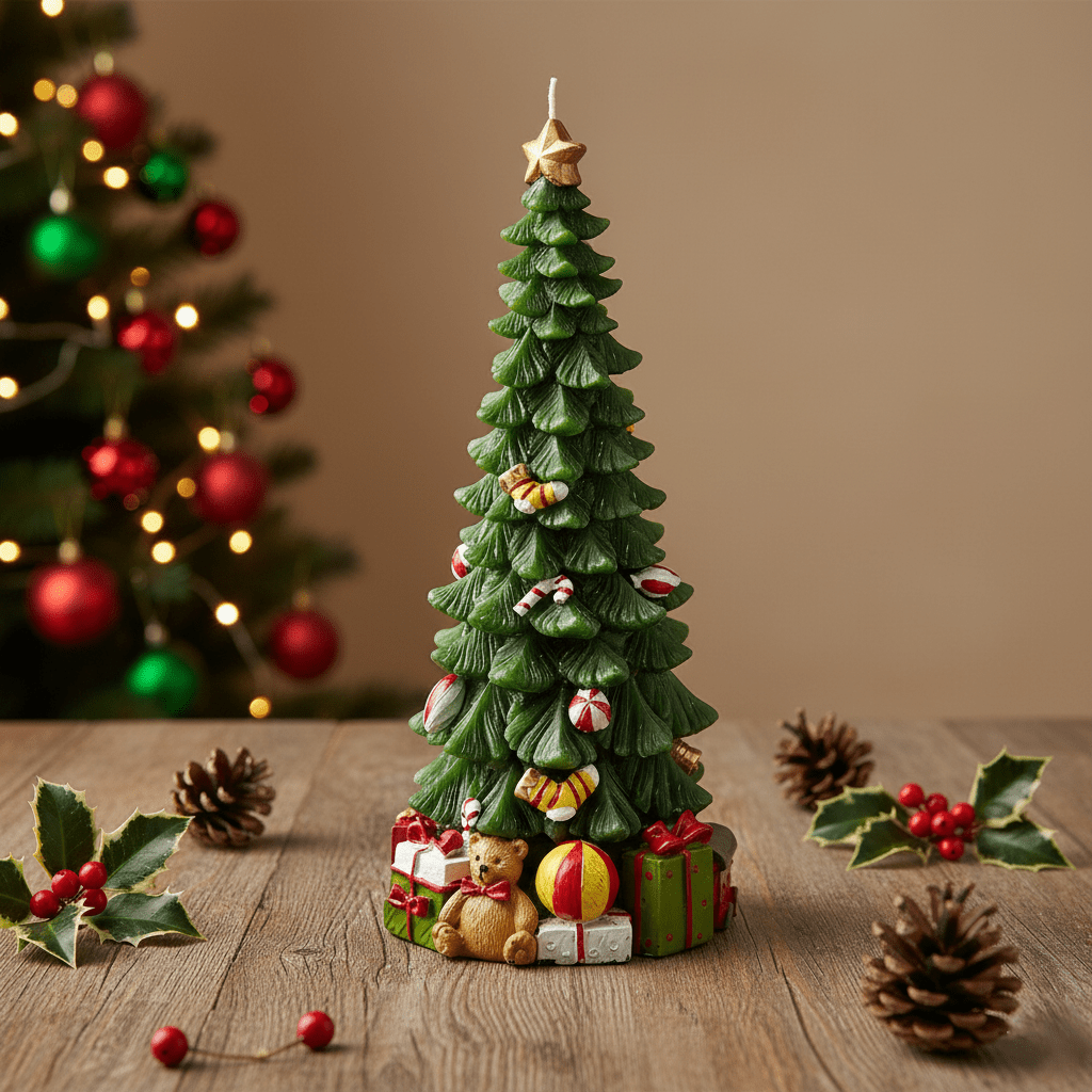Kerze in Form eines Weihnachtsbaums mit Geschenken, H 22cm, Weihnachten Kerzenlicht von EDG