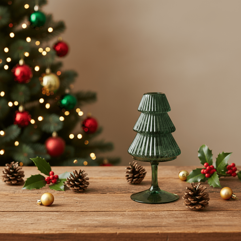 Kerzenhalter aus Glas in Form eines Weihnachtsbaums, H 16cm, Grün, Weihnachten Kerzenlicht von EDG