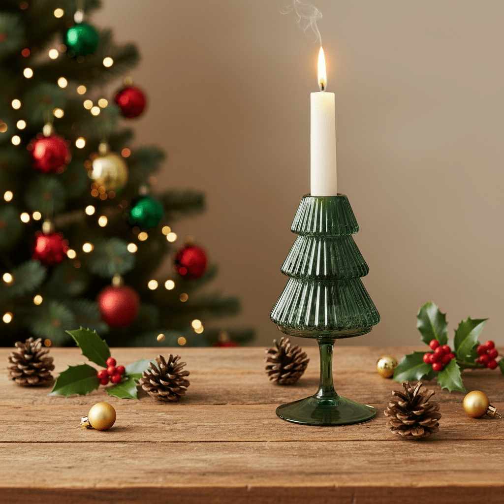Kerzenhalter aus Glas in Form eines Weihnachtsbaums, H 16cm, Grün, Weihnachten Kerzenlicht von EDG