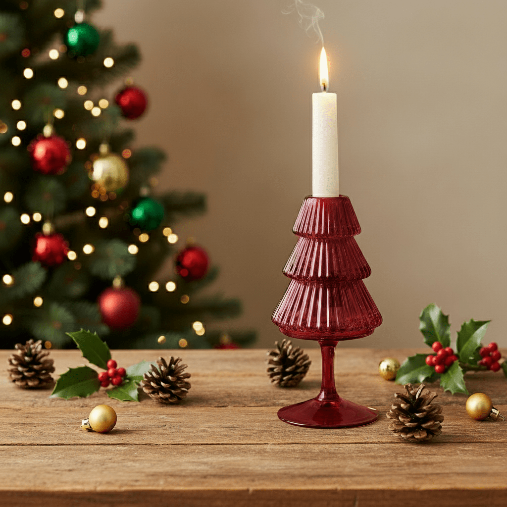 Kerzenhalter aus Glas in Form eines Weihnachtsbaums, H 16cm, Rot, Weihnachten Kerzenlicht von EDG