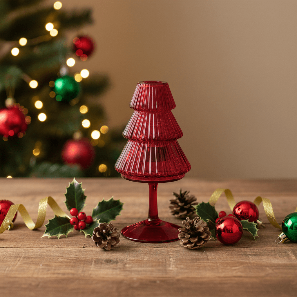 Kerzenhalter aus Glas in Form eines Weihnachtsbaums, H 16cm, Rot, Weihnachten Kerzenlicht von EDG