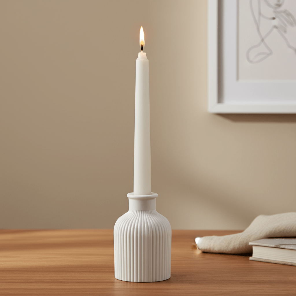 Kerzenhalter, Kerzenständer aus Keramik, handgefertigt, weiss, für Stabkerzen, Rillen, Ø 7 cm × H 9,5 cm – von zironen Gelb
