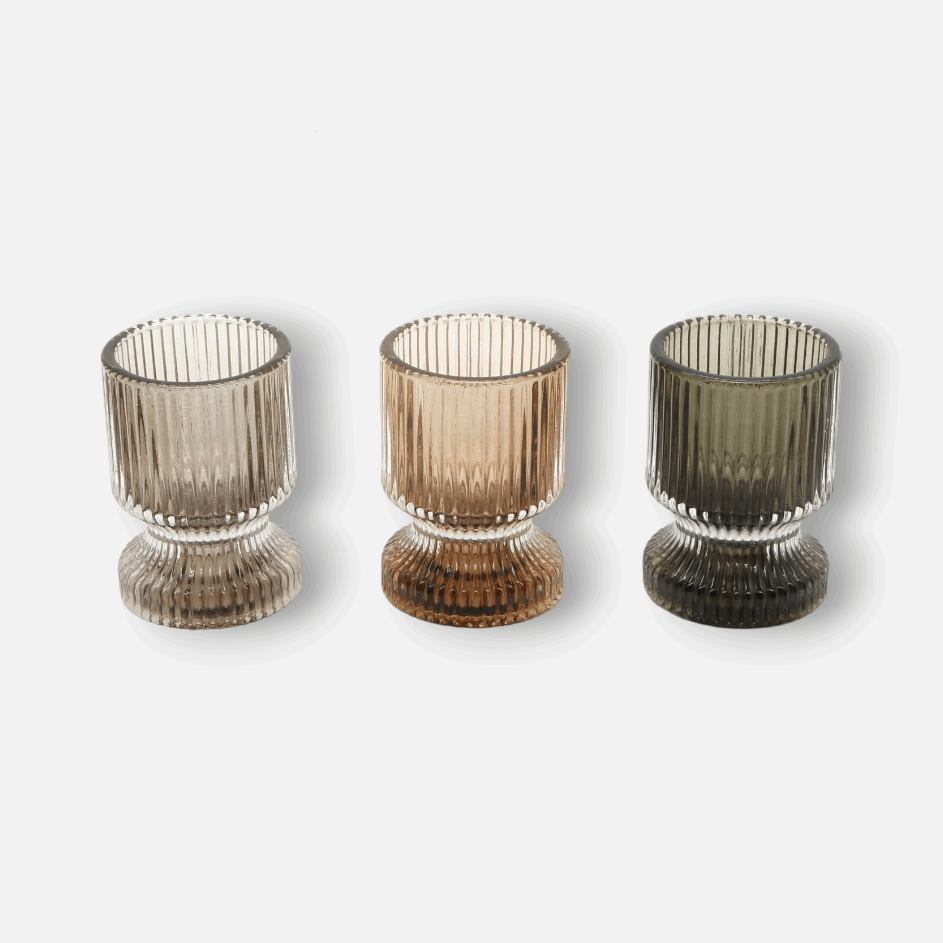 Kerzenhalter aus Glas für Rechaud- und Stabkerzen, marroni braun, Rillen, Ø 6 cm × H 8,5 cm – von Light & Living