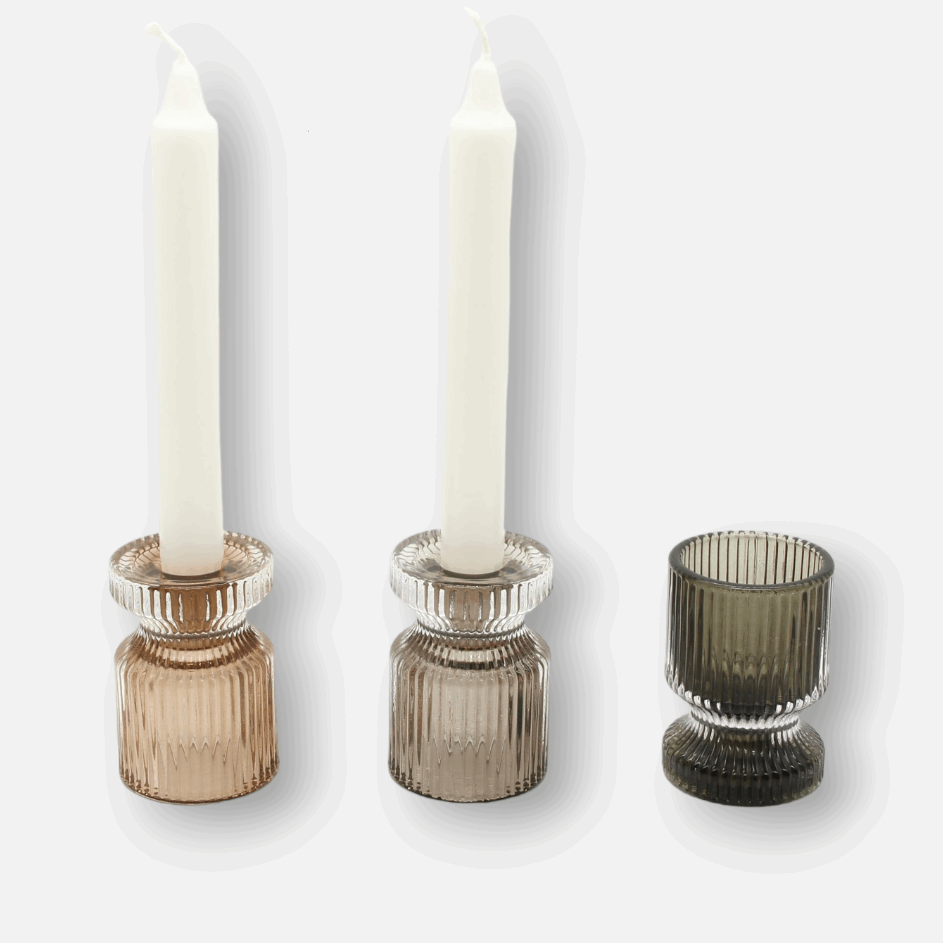 Kerzenhalter aus Glas für Rechaud- und Stabkerzen, marroni braun, Rillen, Ø 6 cm × H 8,5 cm – von Light & Living