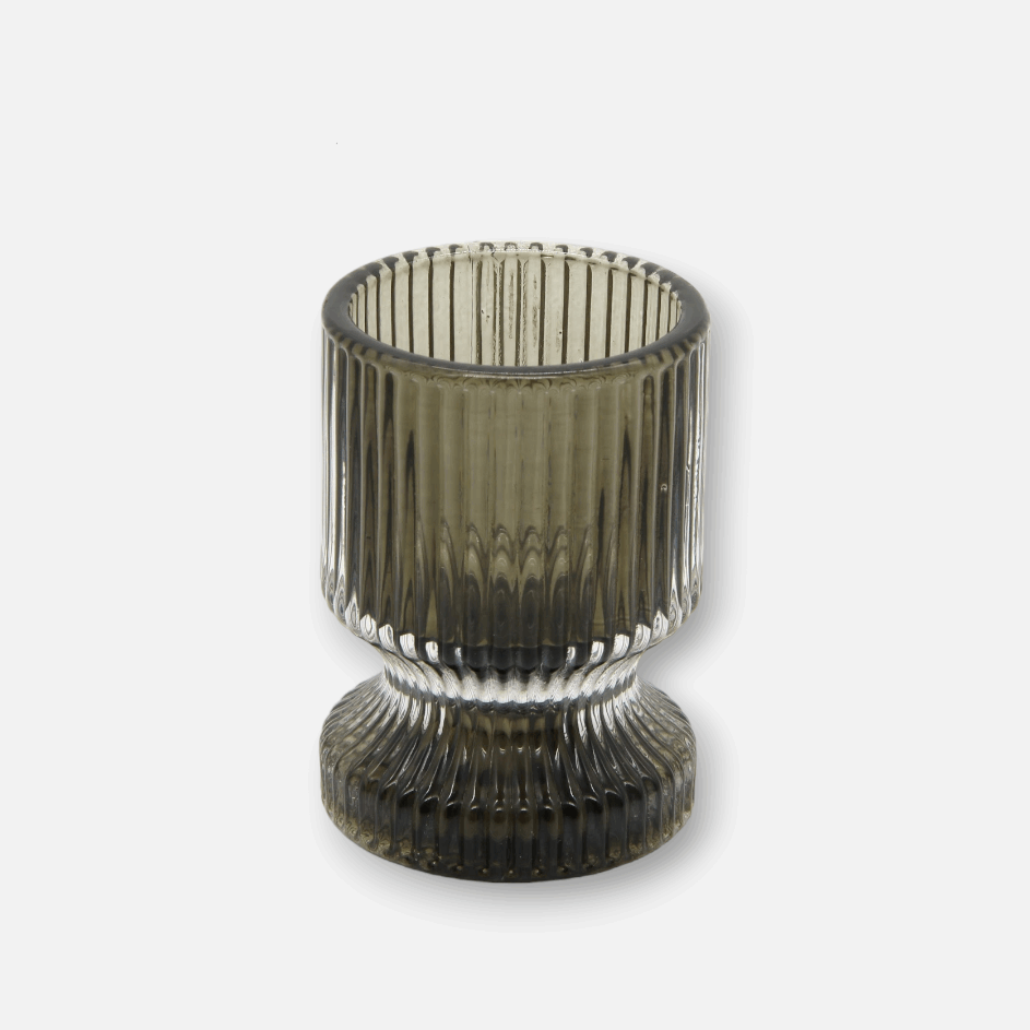 Kerzenhalter aus Glas für Rechaud- und Stabkerzen, schwarz-grau, Rillen, Ø 6 cm × H 8,5 cm – von Light & Living