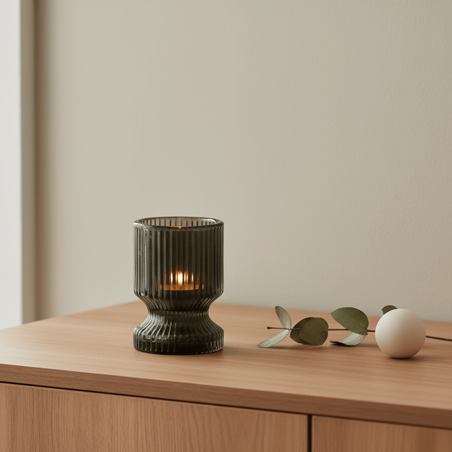 Kerzenhalter aus Glas für Rechaud- und Stabkerzen, schwarz-grau, Rillen, Ø 6 cm × H 8,5 cm, von Light & Living
