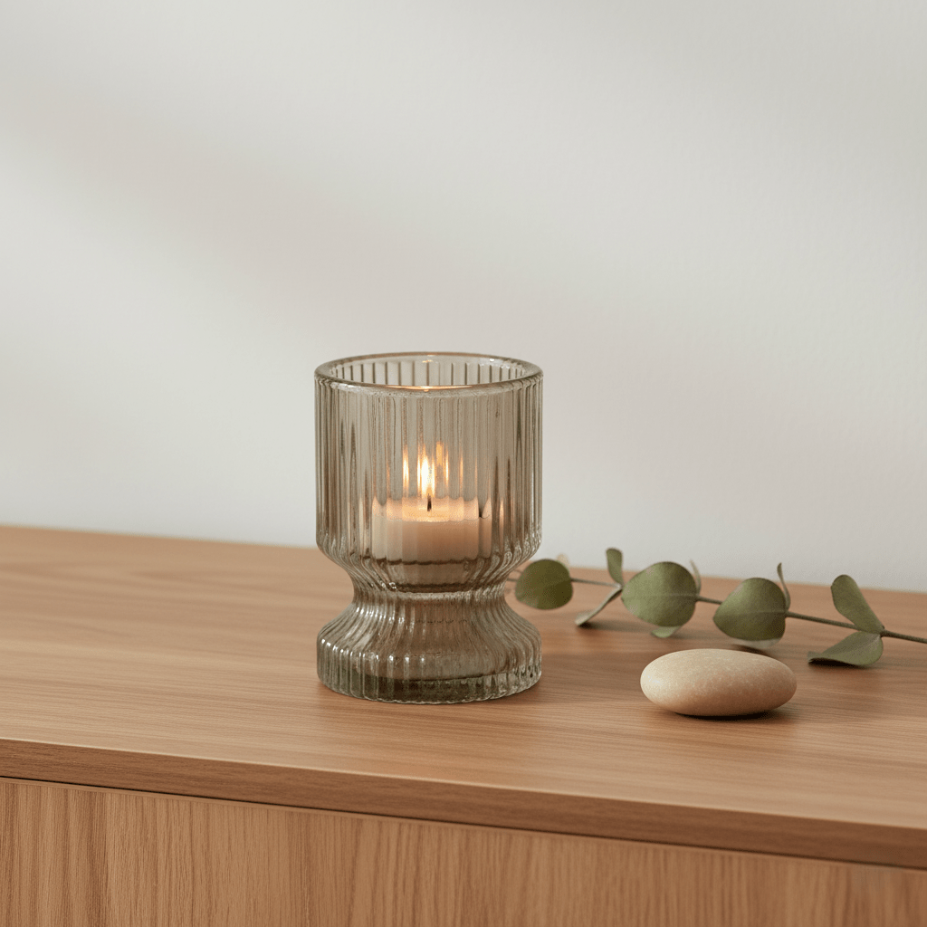 Kerzenhalter aus Glas für Rechaud- und Stabkerzen, taupe braun, Rillen, Ø 6 cm × H 8,5 cm – von Light & Living