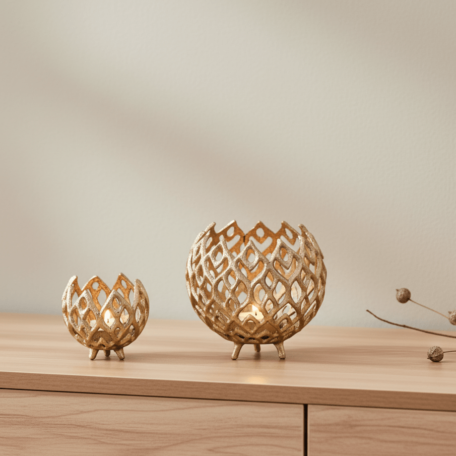 Kerzenhalter, Teelichthalter für Rechaudkerzen gold Musterstruktur B 10cm x H 9cm | Lior Kerzenlicht von Light & Living