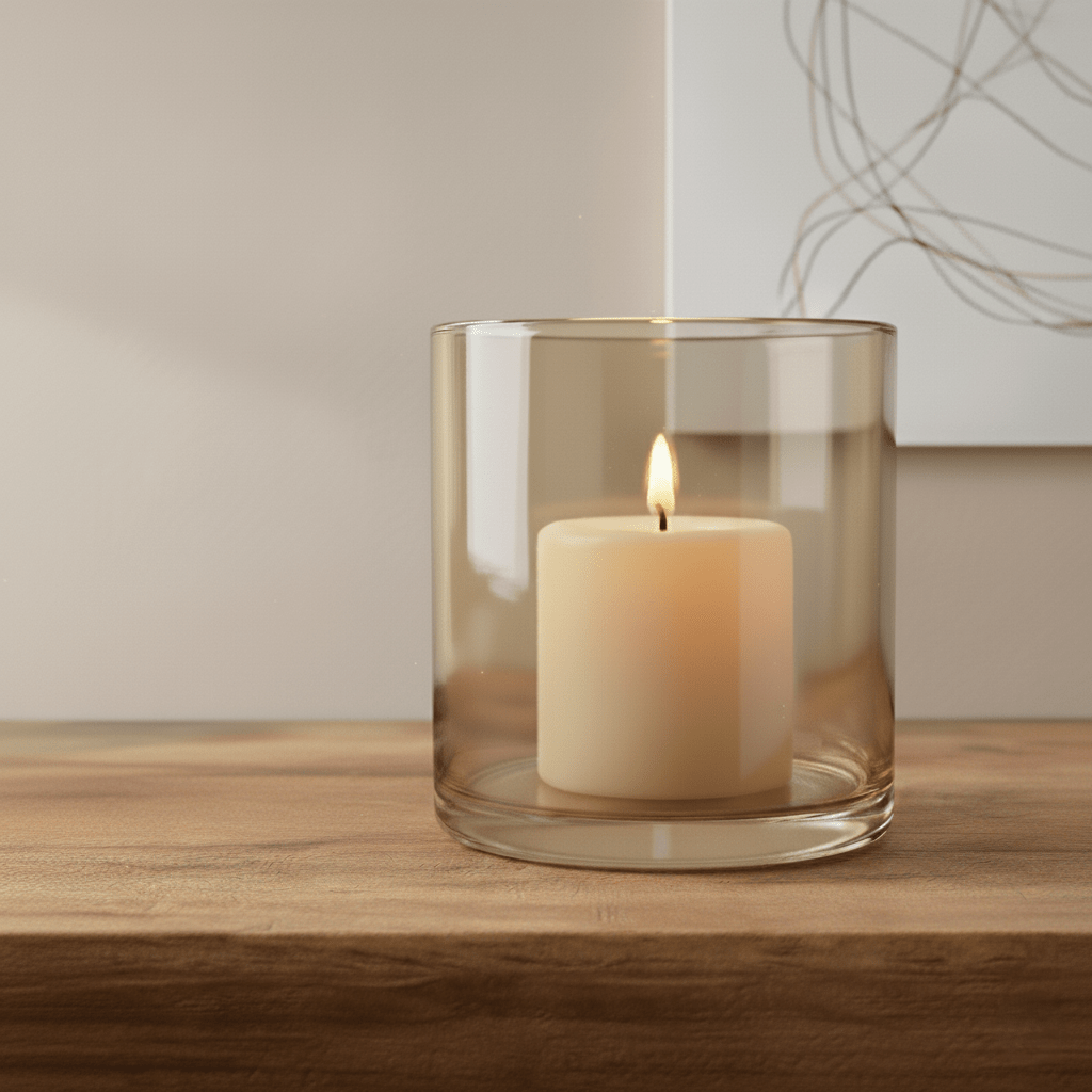 Kerzenhalter, Windlicht aus Glas für Rechaudkerzen, transparent, amberfarben, Ø 12 cm × H 12 cm – von Dekocandle