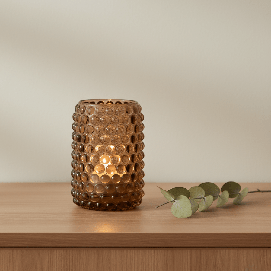 Kerzenhalter, Windlicht aus Glas für Rechaudkerzen, marroni braun, Blasenmuster, Ø 6,5 cm × H 12,5 cm – von Light & Living