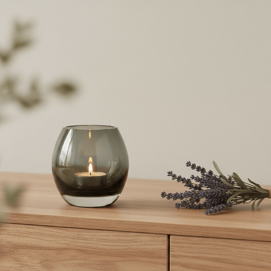 Kerzenhalter, Windlicht aus Glas für Rechaudkerzen, oval, schwarz transparent, B 10 cm × H 11 cm – von Dekocandle