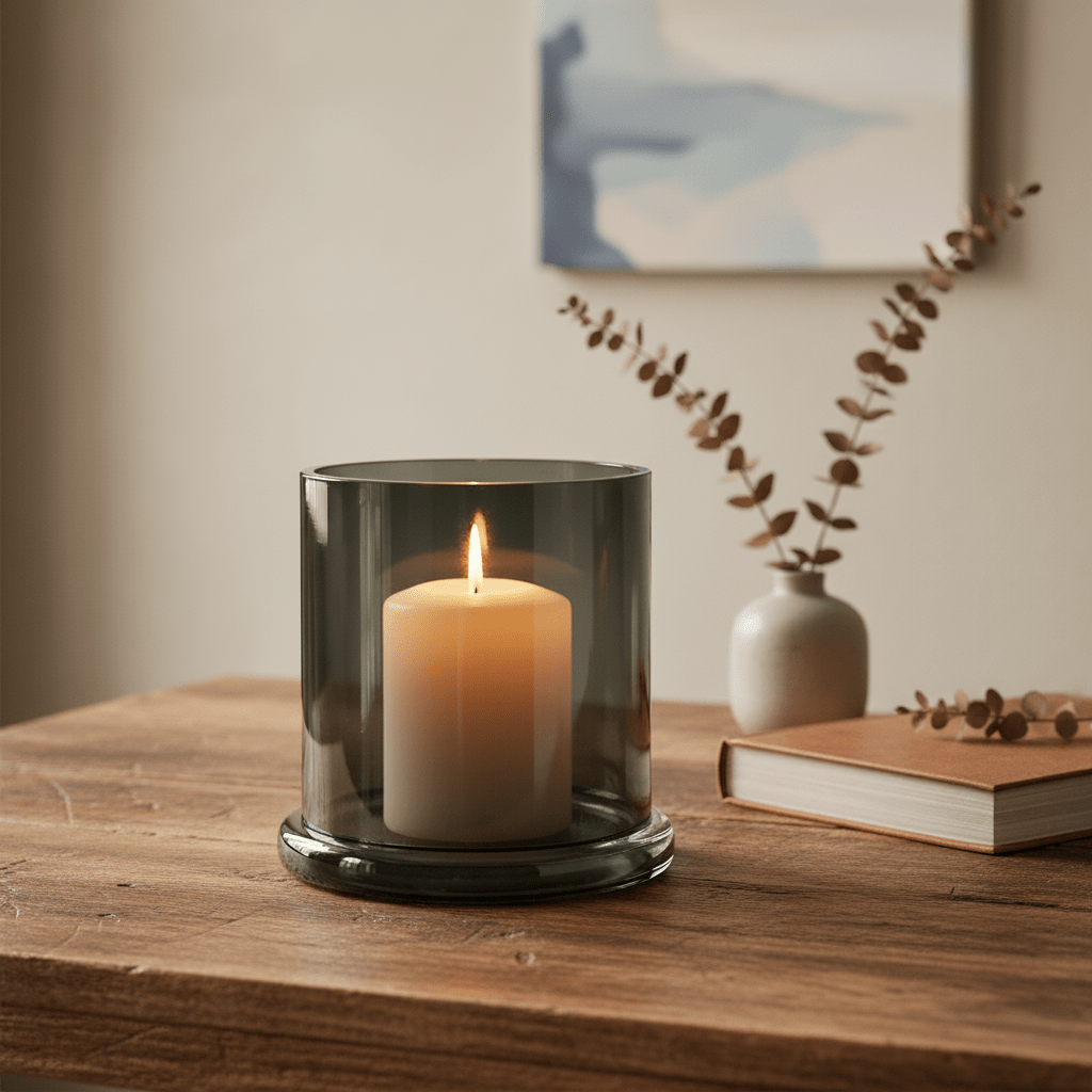 Kerzenhalter, Windlicht aus Glas für Rechaud- und Stumpenkerzen, grau transparent, B 11 cm × H 12 cm – von Dekocandle