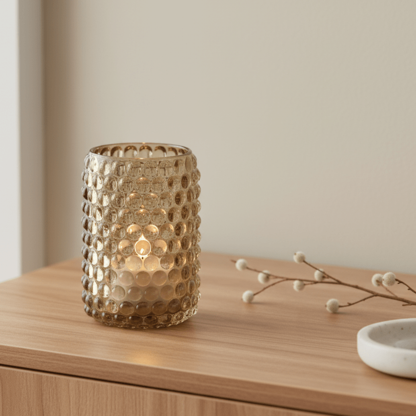 Kerzenhalter, Windlicht aus Glas für Rechaudkerzen, taupe beige, Blasenmuster, Ø 6,5 cm × H 12,5 cm – von Light & Living