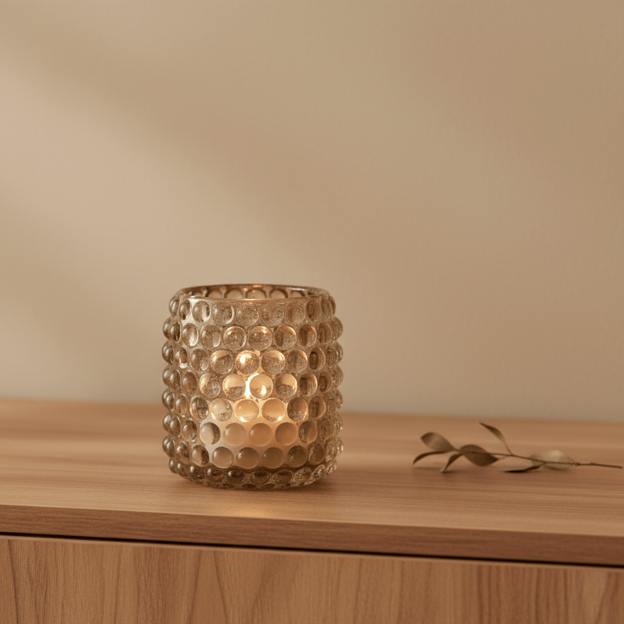 Kerzenhalter, Windlicht aus Glas für Rechaudkerzen, taupe beige, Blasenmuster, Ø 6,5 cm × H 8,5 cm – von Light & Living