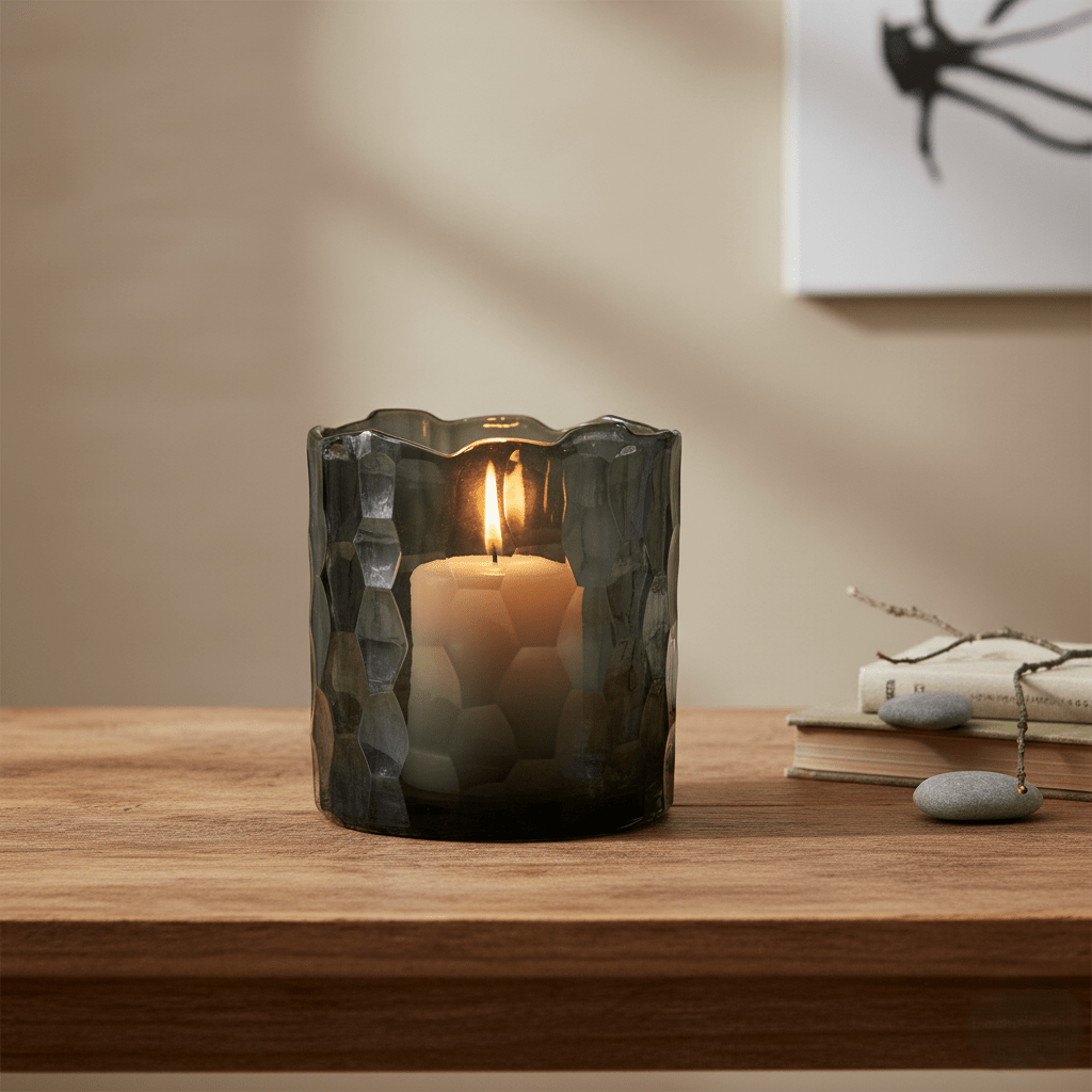 Kerzenhalter, Windlicht aus Glas für Rechaudkerzen, schwarz transluzent, Wabenmuster, Ø 12 cm × H 12 cm – von Dekocandle