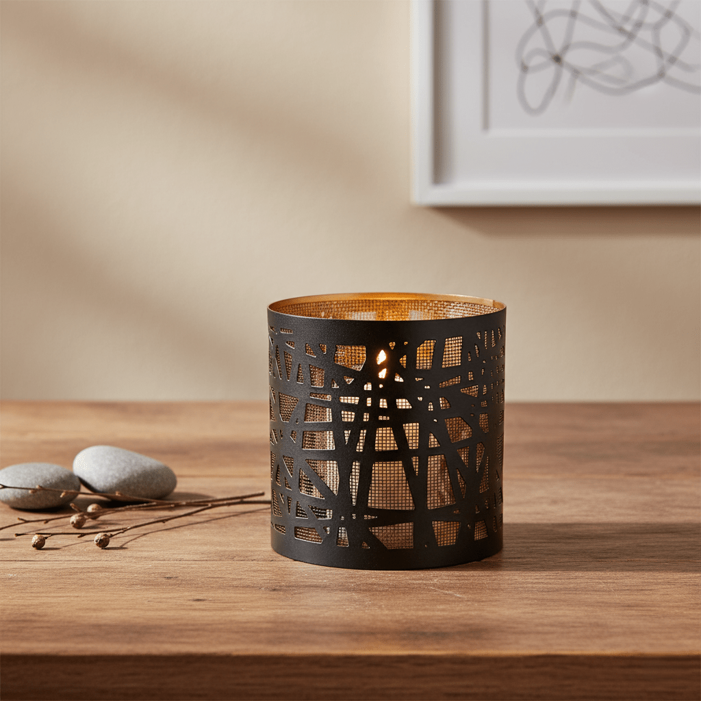 Kerzenhalter, Windlicht aus Zink für Rechaudkerzen, schwarz-gold mit Netzmuster, Ø 12 cm × H 13,5 cm – von Dekocandle