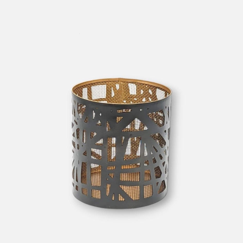 Kerzenhalter, Windlicht aus Zink für Rechaudkerzen, schwarz-gold mit Netzmuster, Ø 12 cm × H 13,5 cm – von Dekocandle