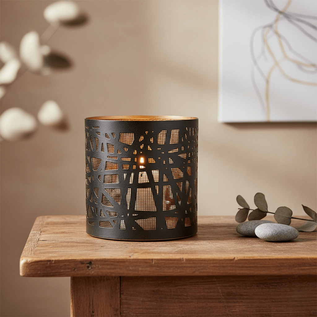 Kerzenhalter, Windlicht aus Zink für Rechaudkerzen, schwarz-gold mit Netzmuster, Ø 15,5 cm × H 15,5 cm – von Dekocandle