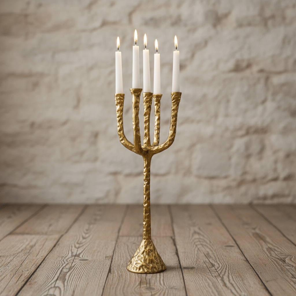 Kerzenständer, Kerzenhalter für Stabkerzen, handgefertigt, gold, fünfarmig, antik, Ø 50 cm × H 61 cm – von Dekocandle