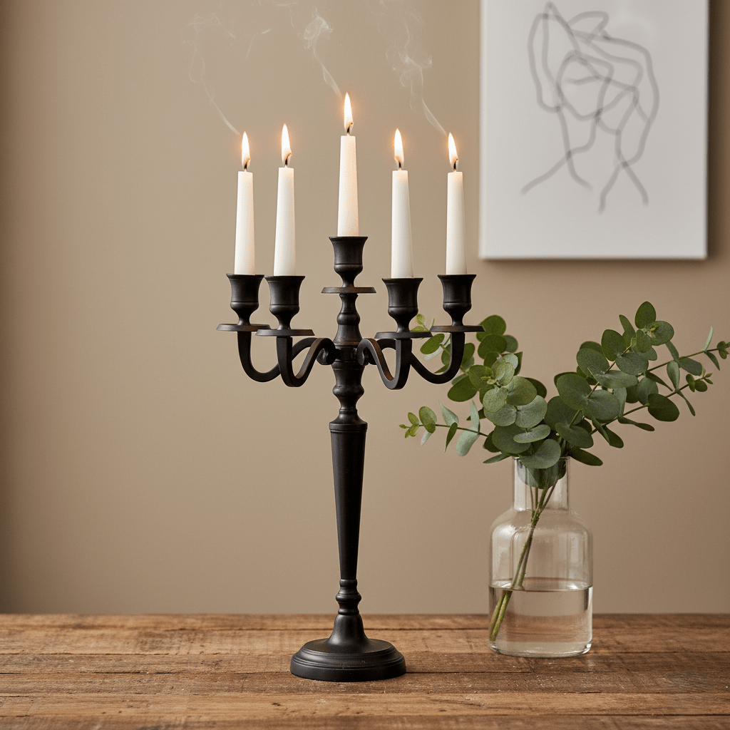 Kerzenständer, Kerzenhalter für Stabkerzen, Messing, fünfarmig, schwarz matt, B 22 cm × H 41,5 cm – von Lene Bjerre