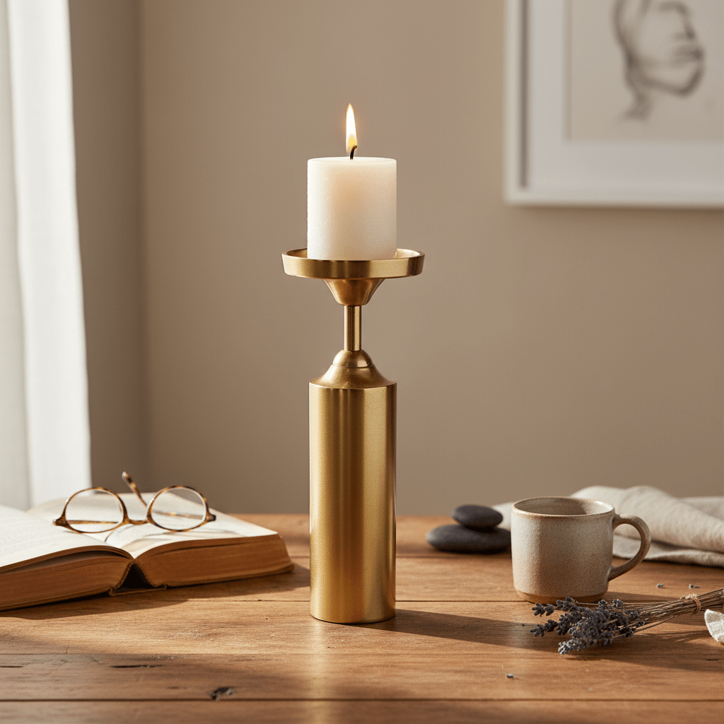 Kerzenständer, Kerzenhalter für Stumpenkerzen, gold matt, in Zylinderform, B 9 cm × H 27 cm – von Affari of Sweden