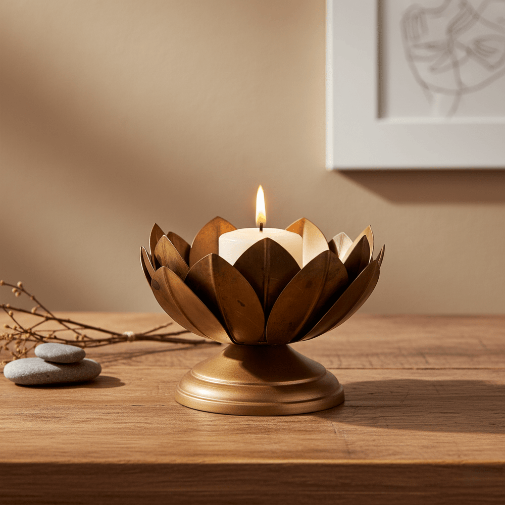 Kerzenständer, Kerzenhalter für Stumpenkerzen Metall gold Lotusblüte B 18cm x H 12cm | Lotus Kerzenlicht von Affari of Sweden