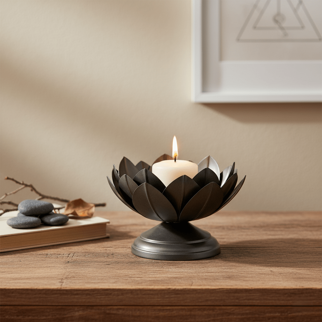 Kerzenständer, Kerzenhalter für Stumpenkerzen Metall grau Lotusblüte B 18cm x H 12cm | Lotus Kerzenlicht von Affari of Sweden