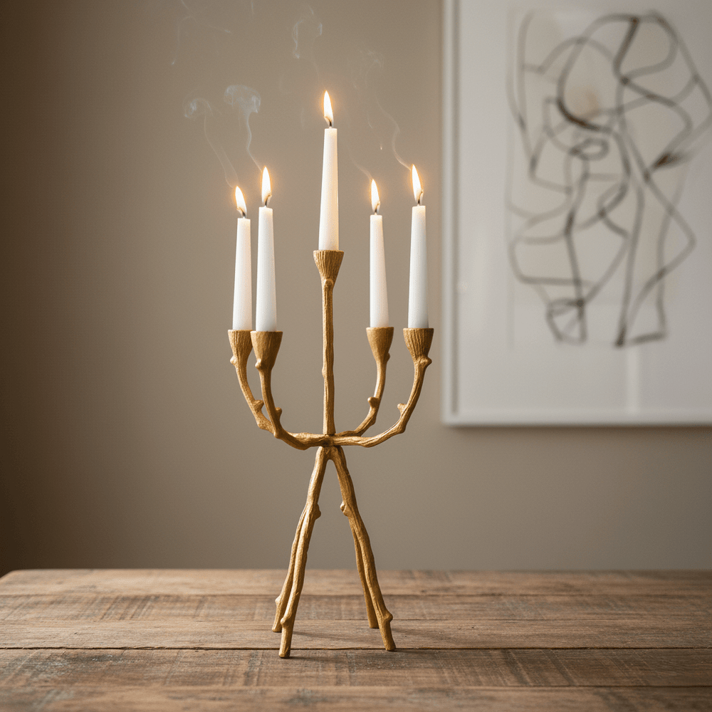 Kerzenständer, Kerzenhalter für Stabkerzen, Metall, fünfarmig, gold, Äste, Zweige, B 31 cm × H 48 cm, von Light & Living