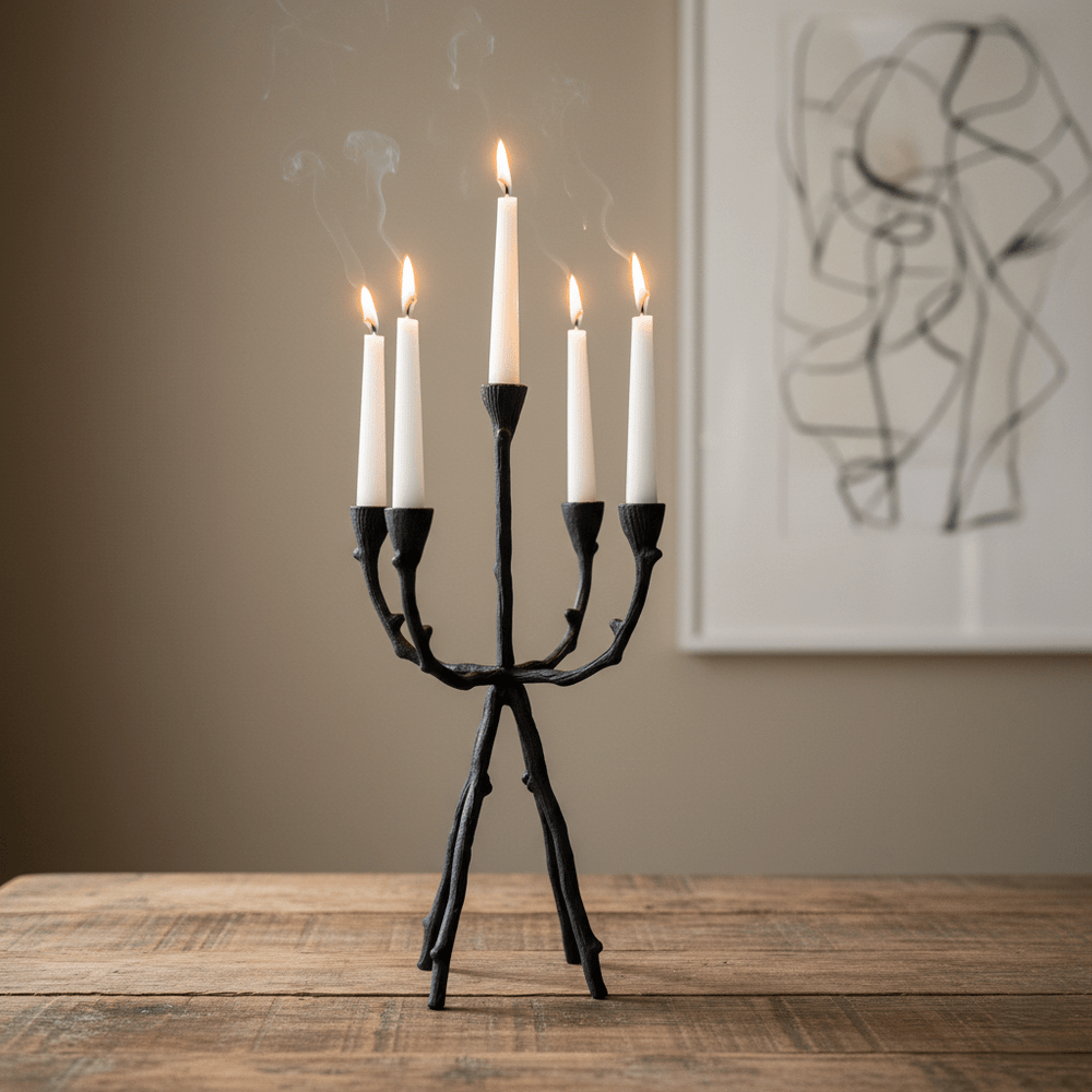 Kerzenständer, Kerzenhalter für Stabkerzen, Metall, fünfarmig, schwarz, Äste, Zweige, B 31 cm × H 48 cm, von Light & Living