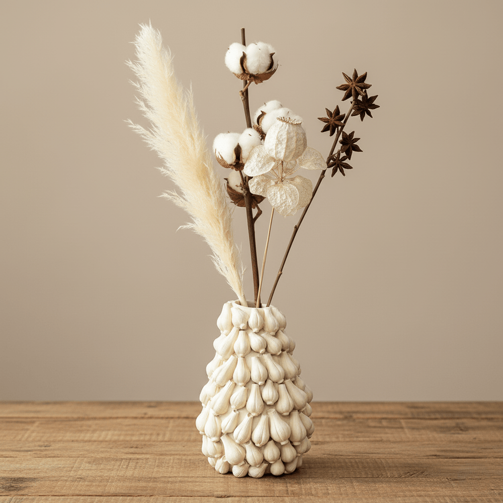 Knoblauchvase, Dekovase aus Polyresin, elfenbeinweiss, mit Knoblauchmotiv, H 33 cm × Ø 27 cm × Öffnung 6 cm