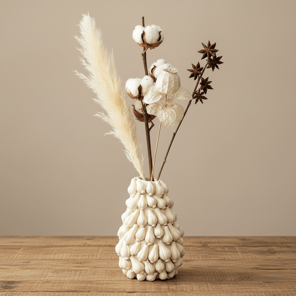 Knoblauchvase, Dekovase aus Polyresin, elfenbeinweiß, mit Knoblauchmotiv, H 33 cm × Ø 27 cm × Öffnung 6 cm