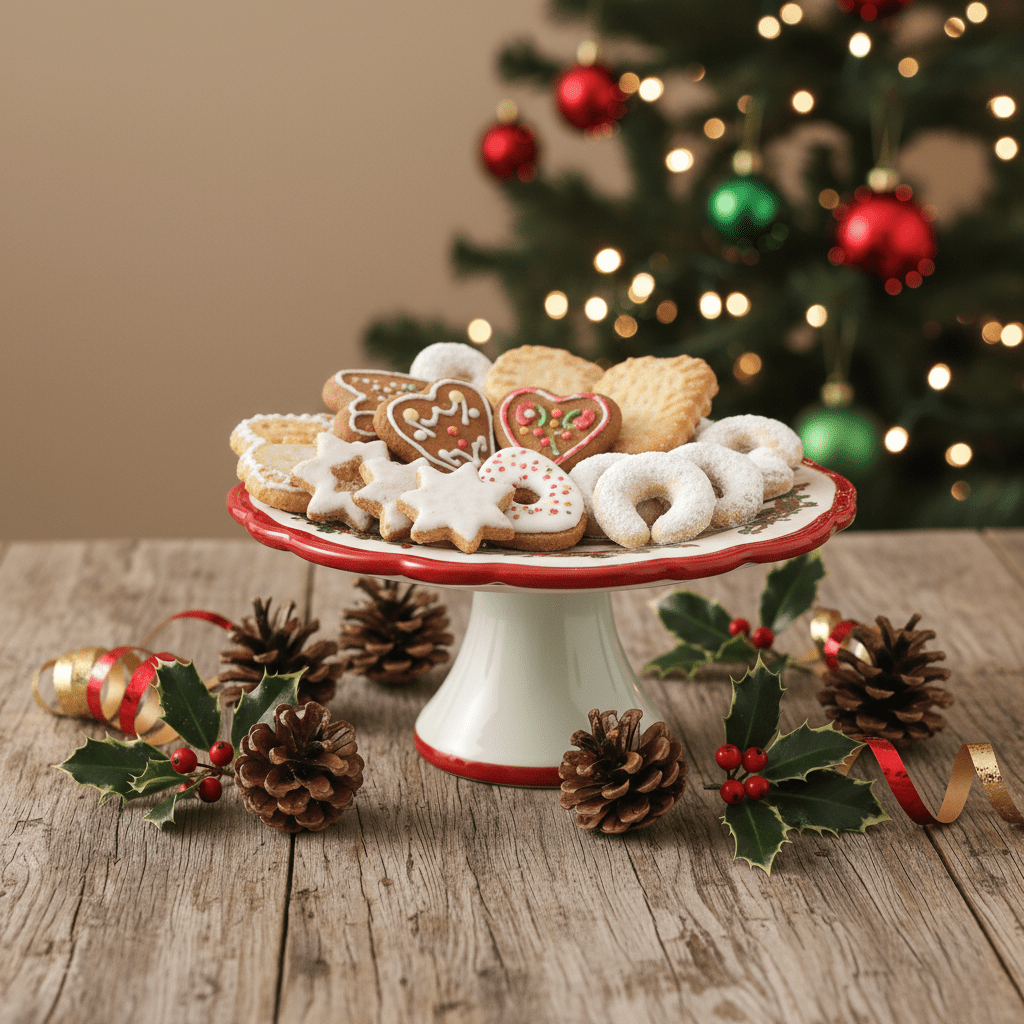 Kuchenplatte aus Keramik mit Weihnachtsbaum - Motiv auf Fuss, Weihnachten Geschirr von EDG