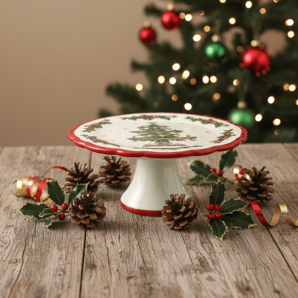 Kuchenplatte aus Keramik mit Weihnachtsbaum-Motiv auf Fuss, Weihnachten Geschirr von EDG