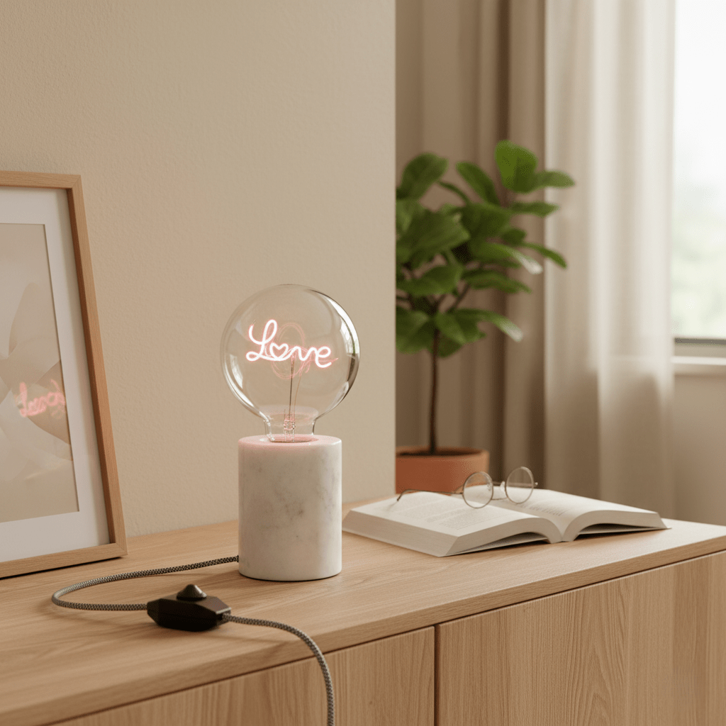 LED Glühbirne dimmbar mit Lampenfuss aus Marmor Schriftzug Love rosa | Love Dekoration von Steepletone