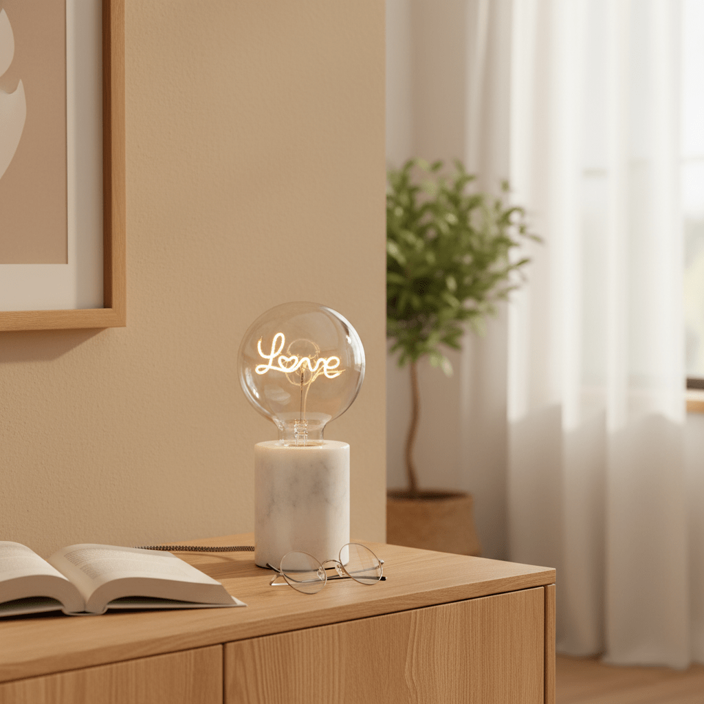 LED Glühbirne dimmbar mit Lampenfuss aus Marmor Schriftzug Love weiss | Love Dekoration von Steepletone