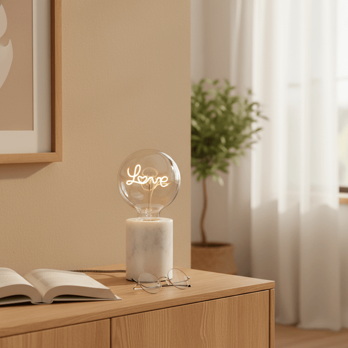LED Glühbirne dimmbar mit Lampenfuss aus Marmor Schriftzug Love weiss | Love Dekoration von Steepletone