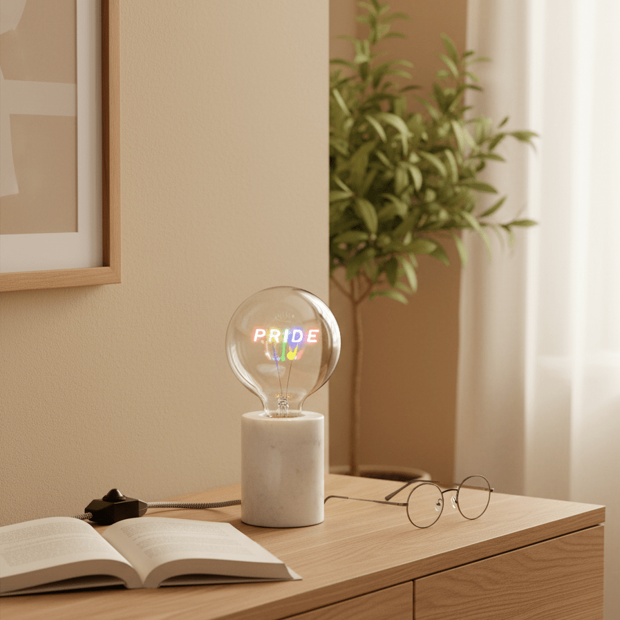 LED Glühbirne dimmbar mit Lampenfuss aus Marmor Schriftzug Pride rosa | Pride Dekoration von Steepletone