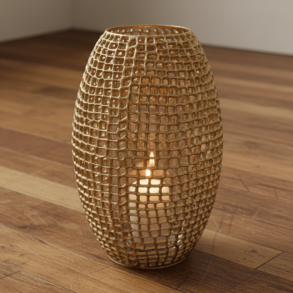 Lionelle | Windlicht Vase aus Aluminium gold mit Netzmuster gross Ø 25cm x H 39cm Kerzenlicht von Light & Living