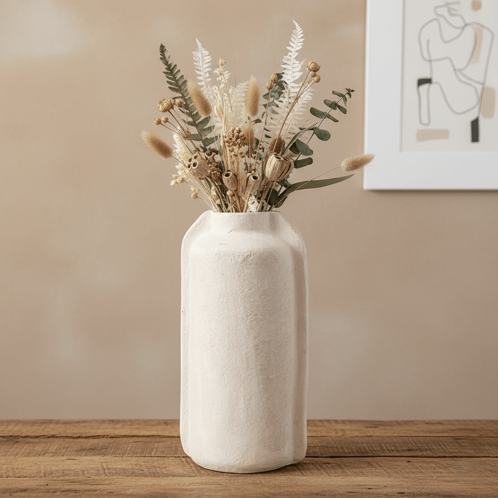 Pappmachévase, handgefertigte Vase aus recyceltem Papier, beige-crème, Unikat, B 18 cm × H 35 cm – von Affari of Sweden