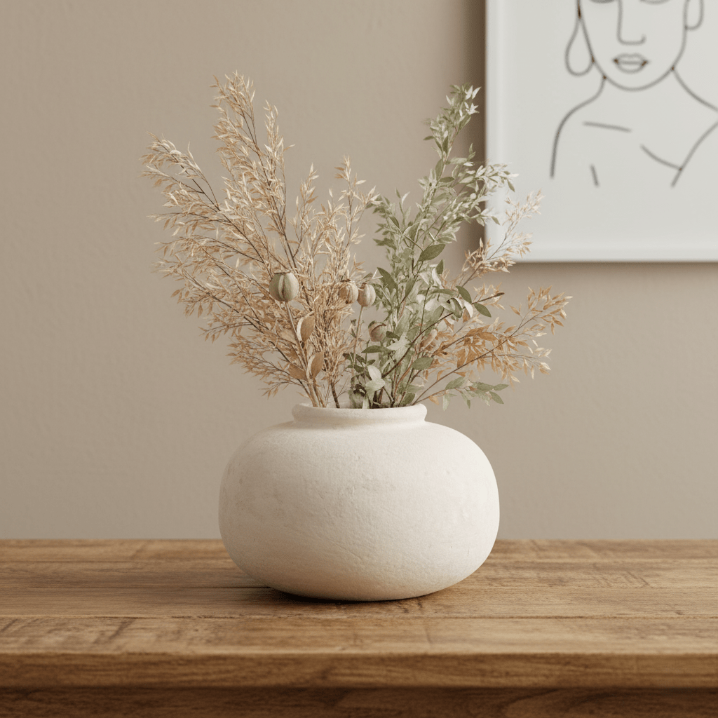 Pappmachévase, handgefertigte Vase aus recyceltem Papier, beige-crème, Unikat, B 30 cm × H 18 cm – von Affari of Sweden