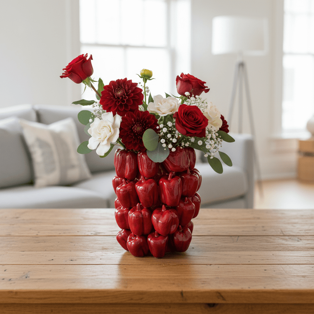 Peperonivase, Dekovase aus Keramik, rot glasiert, mit Peperonimotiv, gross, Ø 23,5 cm × H 32,5 cm, von Light & Living