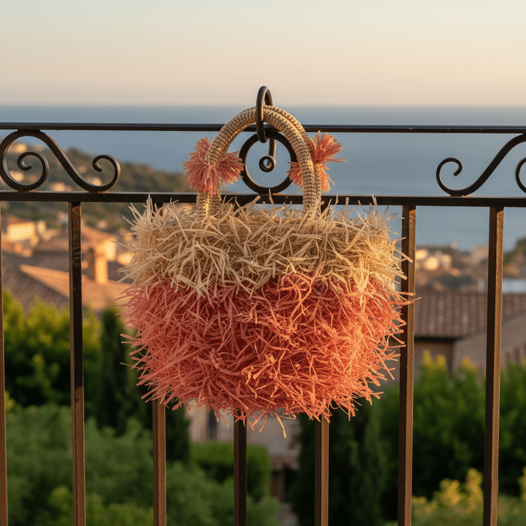 Raffia - Tasche mit Fransen in Korallrosa - Naturbeige, handgefertigte Sommer - Henkeltasche Taschen von Sans - Arcidet Paris