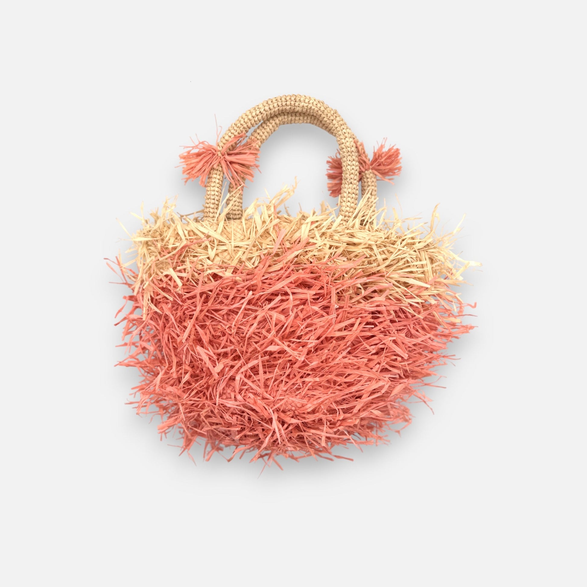 Raffia - Tasche mit Fransen in Korallrosa - Naturbeige, handgefertigte Sommer - Henkeltasche Taschen von Sans - Arcidet Paris